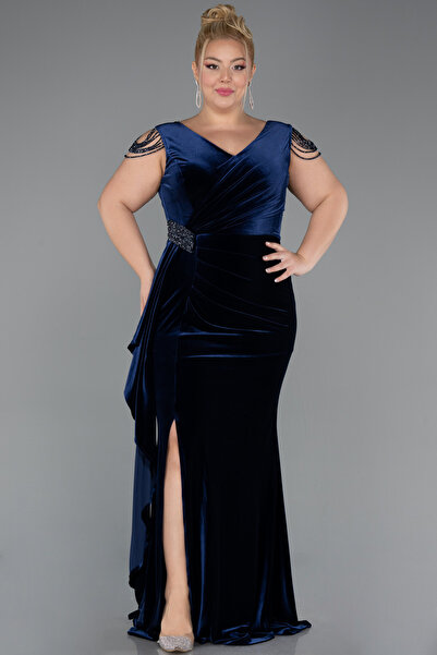 Abiyefon Lacivert V Yaka Yırtmaçlı Uzun Kadife Büyük Beden Abiye ABU5428