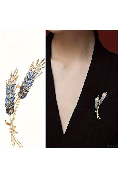 shellwetr Asil Başak Broş Mavi Taşlı Kadın Broş Parlak Şık Kıyafet Broş Aksesuar