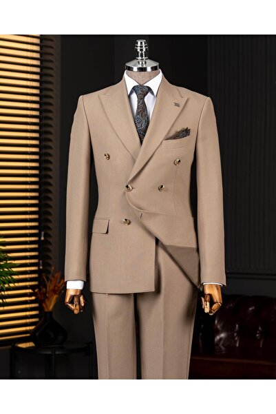 TerziAdemAltun Italian Style S Slim Fit K Double-Breasted Jacket Pants Suit Khaki T14740