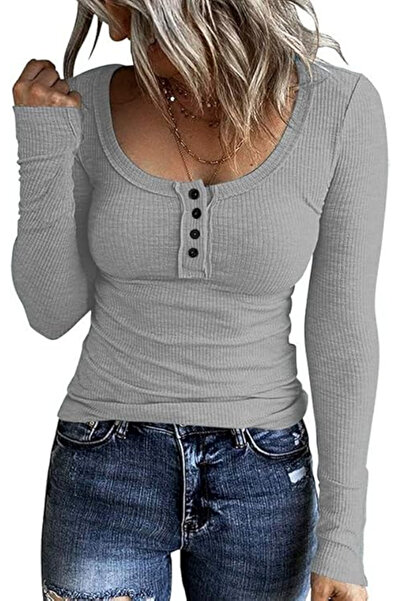 OEM Women's bodysuit, long sleeve, U-neck with buttons, gray S