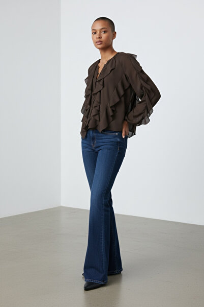 SEMİZ GİYİM Fırfırlı Düğmeli Kahverengi Şifon Bluz