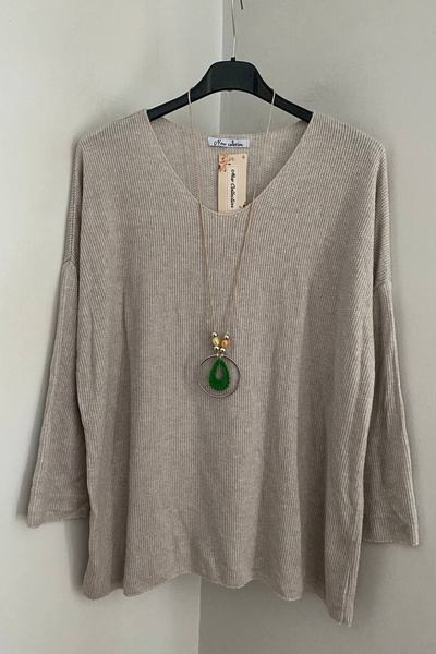 AYASOFYA OTANTIK Γυναικεία ιταλική μπλούζα με λαιμόκοψη σε σχήμα V με αξεσουάρ oversized Casual πλεκτό τούνικ με υφή