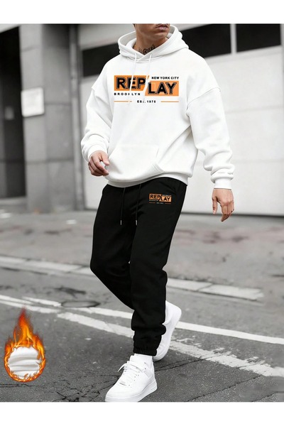 PAVRO Σετ αθλητικής φόρμας Sweatshirt Jogger - oversized επένδυση fleece Μικτό με τύπωμα με κουκούλα