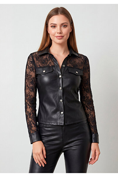 Little Visqon Kadın Siyah Deri Görünümlü Önden Düğmeli Dantel Detaylı Gömlek
