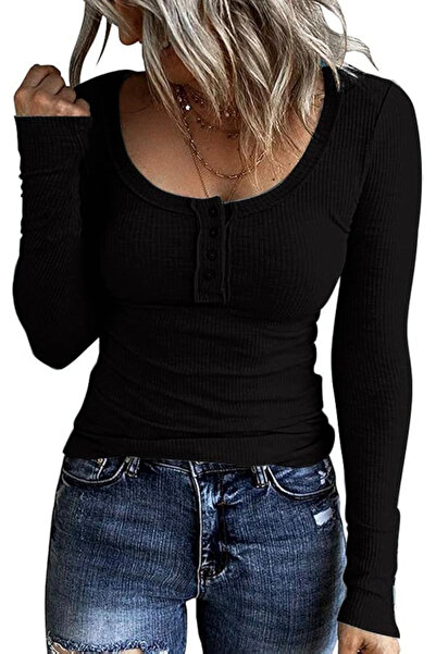 OEM Women's body-hugging blouse, long sleeve, U-neck with buttons, Black L