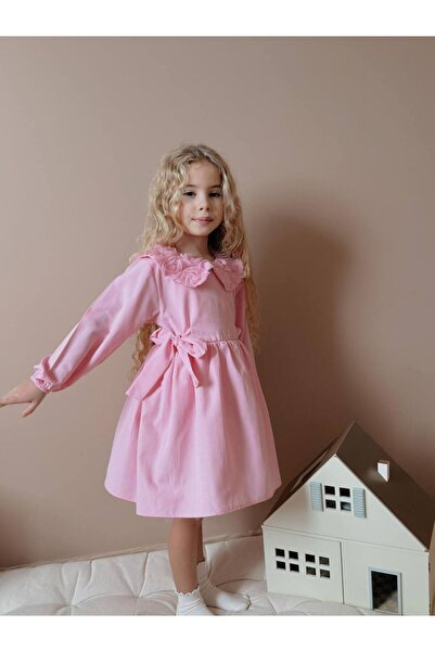 lesa kids wear فستان كتان بياقة زهرية للفتيات