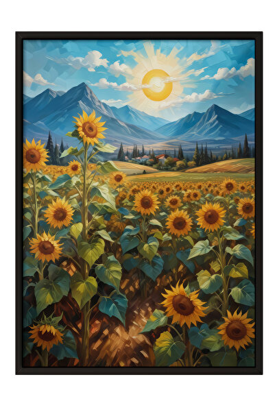 Zestia Pictură de perete înrămată în negru, peisaj cu câmpuri de floarea-soar...