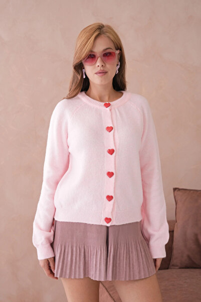 Park Karon Women's Crew Neck Heart Button Detail Soft Textured Knitwear Jacket 8569Sw