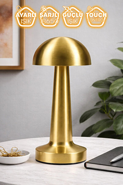 Nikadu Şarjlı Mantar Masa Lambası Metal Dokunmatik 3 Işık Parlaklık Ayarlı Ge...