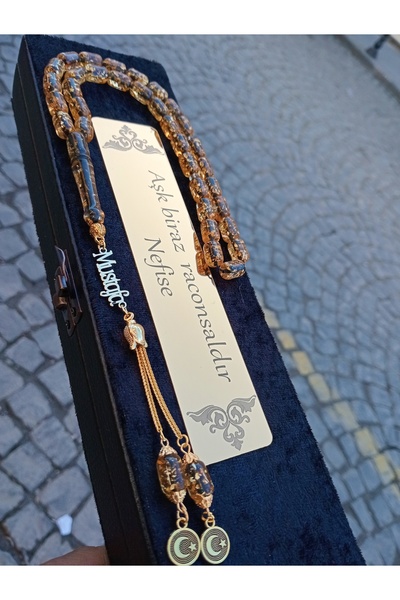 Doğaltaş Tesbihler Altın warak kehribar tesbih 925 ayar gümüş isimli harfli yazılı kutulu sertifikalı