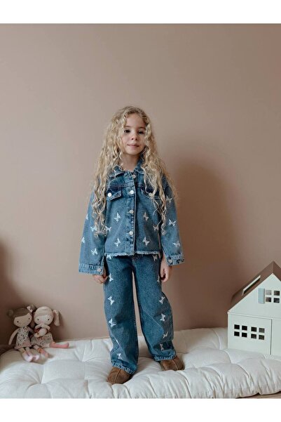 lesa kids wear Girl's Butterfly Embroidered Denim Jacket Suit