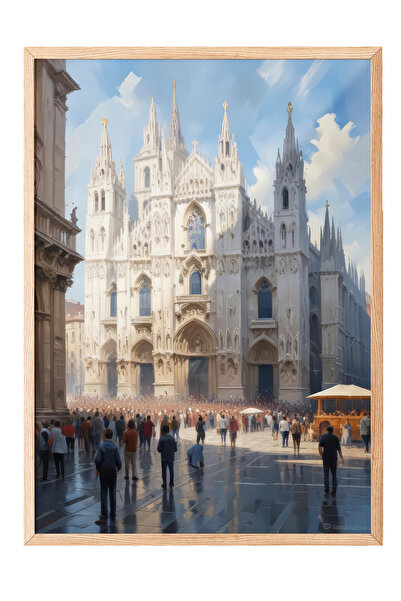 Zestia Tablou de perete cu ramă din lemn, peisaj gotic cu catedrală și piață ...