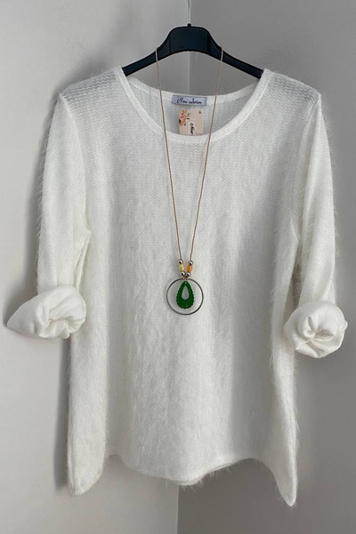 AYASOFYA OTANTIK Bluză pulover pentru femei, albă, italiană, cu gât rotund, cu accesorii pentru colier, tricotaje cu barbă largi