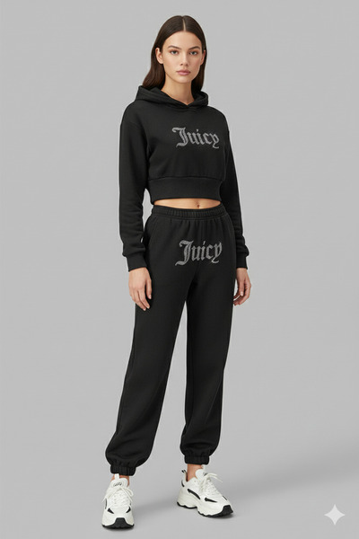 Bozz&Bozz Collection Women Juicy Crystal Stone Printed Tracksuit Set Hoodie Crop Sweatshirt Jogger Sweatsuit Two Piece Set
