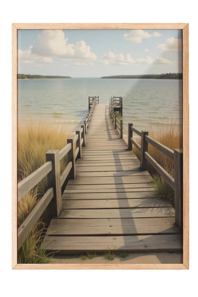 Zestia Tablou de perete cu ramă din lemn, cu tematică Molo liniștit și mare l...