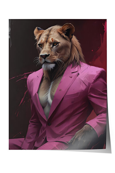 Zestia Poster Portretul Leului în Costum Roz – Decor pentru Sufragerie cu Fun...