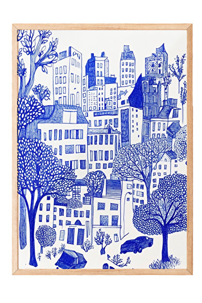 Zestia Ζωγραφική τοίχου με ξύλινο πλαίσιο, μπλε σχέδιο με θέμα τον αστικό τοπ...