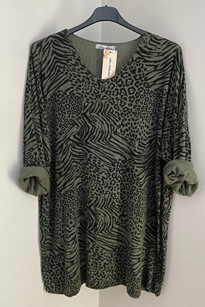 AYASOFYA OTANTIK Bluză tunică extra lungă pentru femei, italiană, kaki, cu decolteu în V, cu imprimeu leopard și zebră