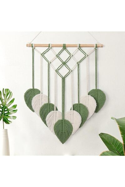 The Bros نسيج مكرمية معلق على الحائط بشرابة أوراق خضراء (أخضر وأبيض)