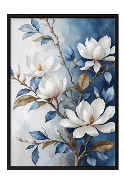 Zestia Siyah Çerçeveli Duvar Tablosu Beyaz Manolya Dalları Salon Dekoru