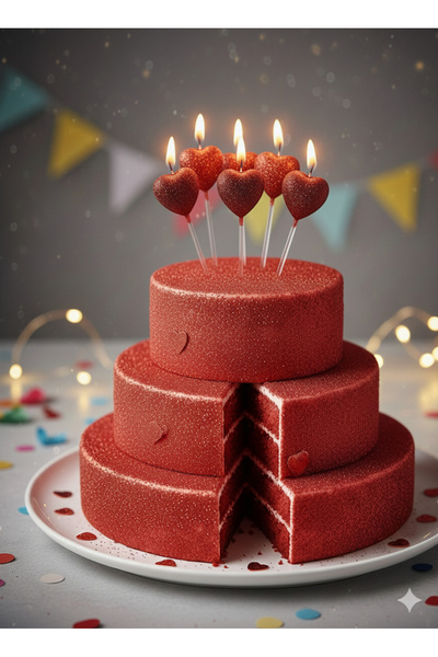 Yogi parti Kırmızı Kalpli Mum Simli Pasta Mumu 5 li