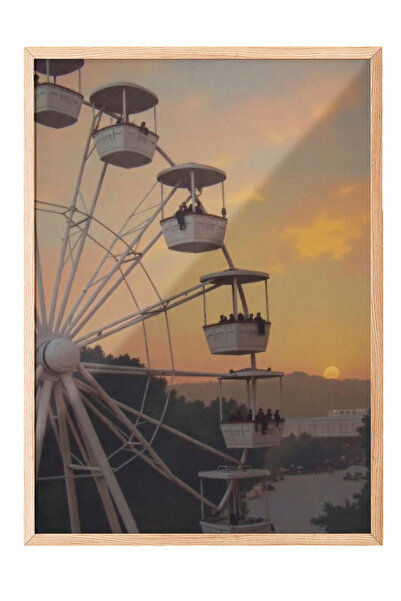 Zestia Tablou de perete cu ramă din lemn, Ferris Wheel la apus de soare – Dec...