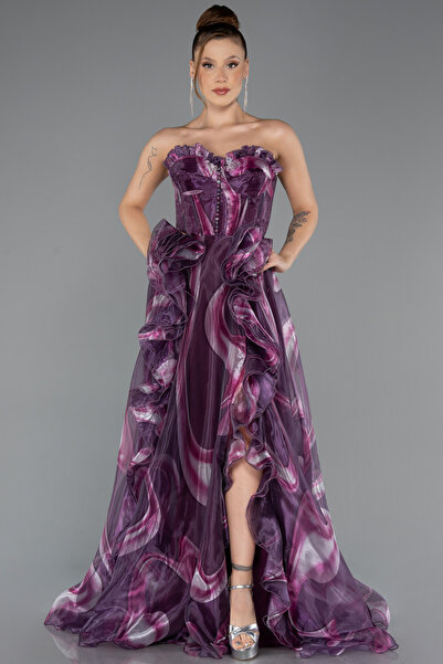 Abiyefon Mürdüm Straplez Yırtmaçlı Uzun Mezuniyet Elbisesi ABU5441