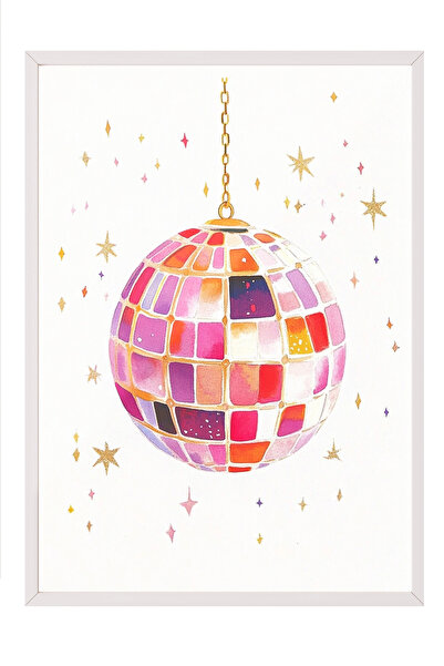 Zestia Pictură de perete înrămată albă, decor retro cu bile de discotecă pent...