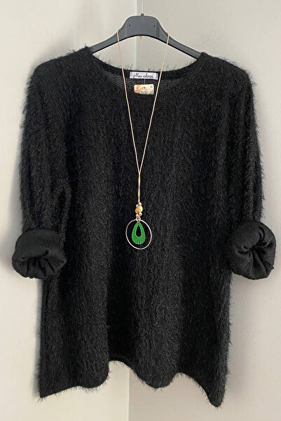 AYASOFYA OTANTIK Bluză pulover tricotată cu barbă, neagră, cu gât rotund, italiană, pentru femei, cu accesorii pentru colier