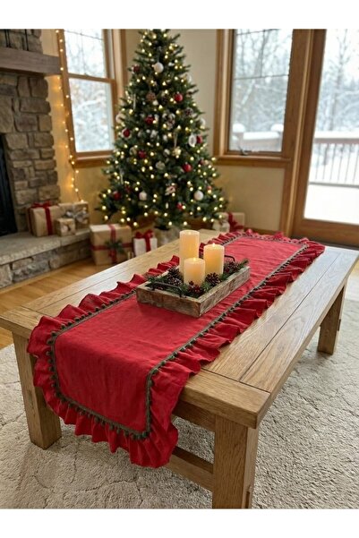 Mery Tekstil Yılbaşı Özel Fırfırlı Ponponlu Kırmızı Şık Oval Runner 40x140 CM