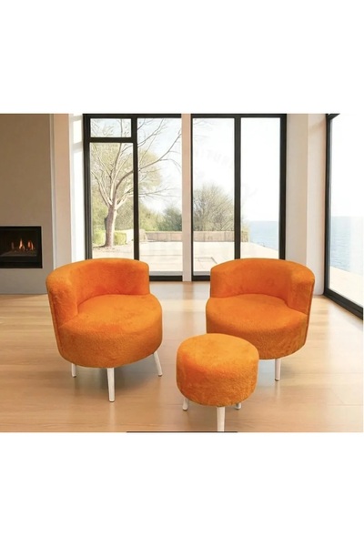 Yuems home Çay Seti (Turuncu Teddy Kumaş) İkili Koltuk Berjer ve Puf Takımı