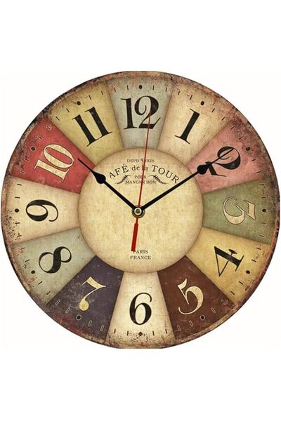 The Bros ساعة حائط خشبية عتيقة الطراز على طراز المزارع الباريسية (ملونة، تعمل بالبطارية، صامتة)