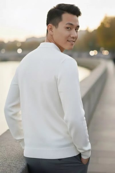 alpotekno Men's White Zippered Polo Neck Polyamide Stretch Fabric Knitwear Sweater – Self Patterned