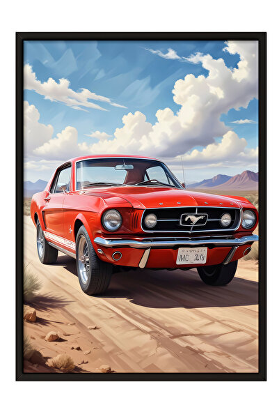 Zestia Pictură murală înrămată în negru, cu Mustang clasic roșu – Decor pentr...