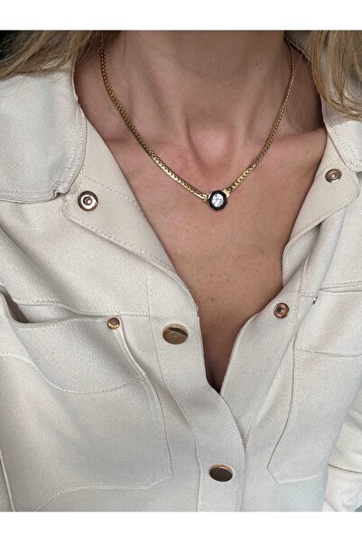 staınless steel 316L Çelik Üzeri 14K Renginde Siyah Mineli Baget Taşlı Kolye