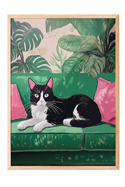 Zestia Tablou de perete cu ramă din lemn, pisică botanică pe scaun – Decor pe...