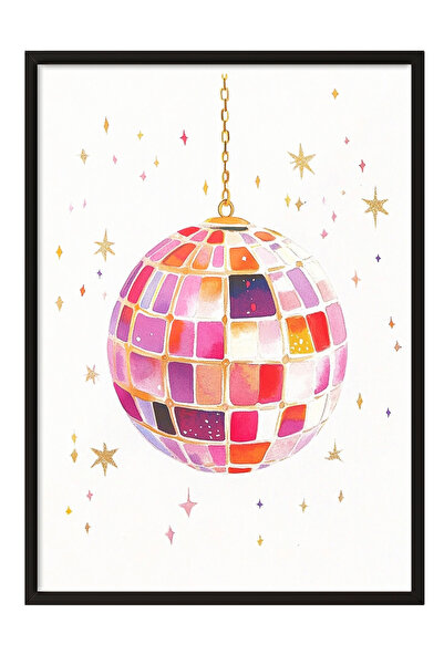 Zestia Siyah Çerçeveli Duvar Tablosu Retro Disko Topu Genç Odası Dekoru