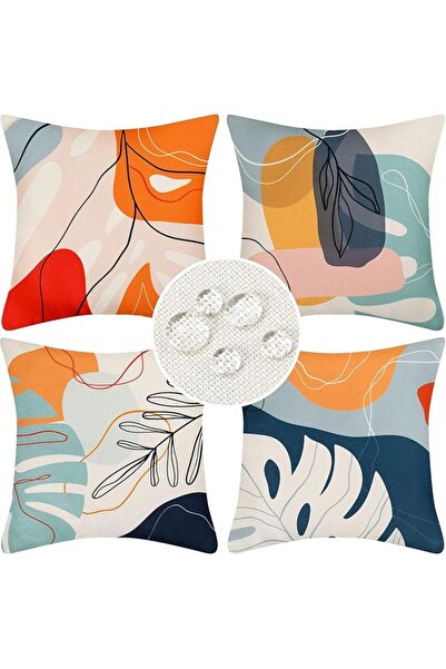 The Bros 4-Piece Boho Cushion Covers - Waterproof Linen, Abstract Leaves, Square