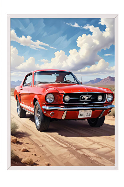 Zestia Pictură de perete înrămată în alb, cu Mustang clasic roșu – Drumul deș...