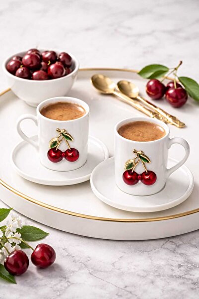 Dekorasyaa طقم فناجين قهوة سيراميك مكون من قطعتين - 90 مل - نمط الكرز