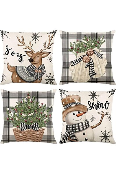 The Bros Set of 4 Christmas Pillow Covers 18x18in Brown (Snowman, Gloves, Deer)