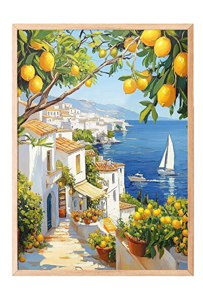 Zestia Tablou de perete cu ramă din lemn, peisaj mediteranean cu lămâi și pei...