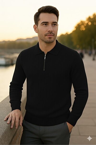 alpotekno Men's Black Zippered Polo Neck Polyamide Stretch Fabric Knitwear Sweater – Self Patterned