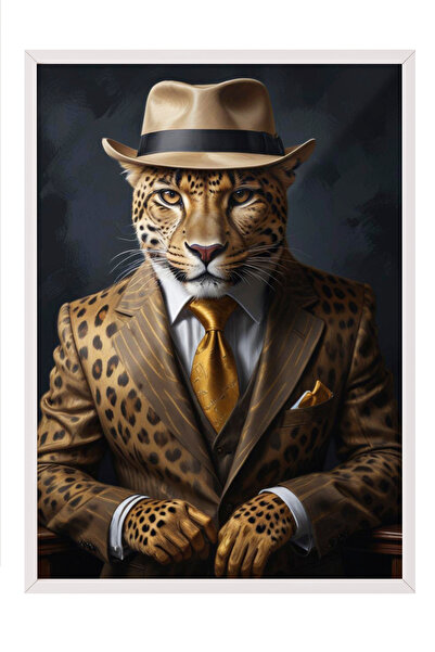 Zestia Pictură murală în ramă albă, portret de leopard cu set auriu – Decor m...