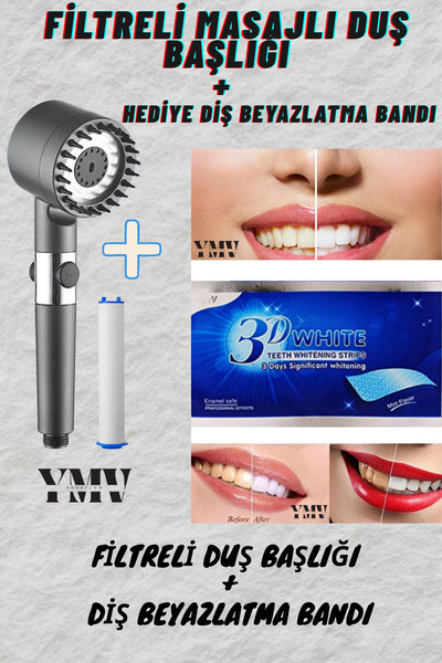 YMV MASAJ ETKİLİ PAS TORTU KİREÇ ARINDIRICI FİLTRELİ DUŞ BAŞLIĞI + DİŞ BEYAZL...