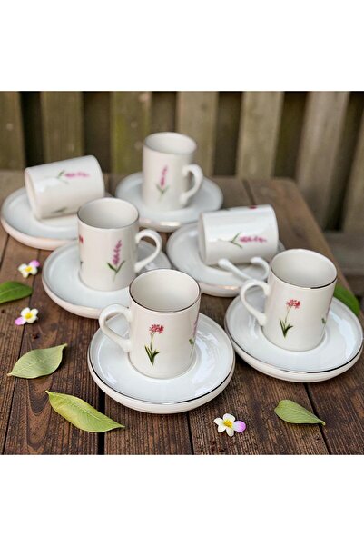 Hediye Köşkü Lavanta Desenli Porselen Yaldızlı 6 Kişilik Kahve Takımı