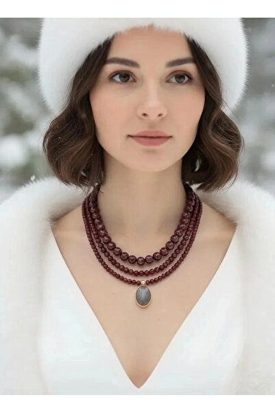 Dorvina Bordo Akrilik ve Cam Boncuk 3 Sıra Bijuteri Tasarım Kadın Kolye Takı