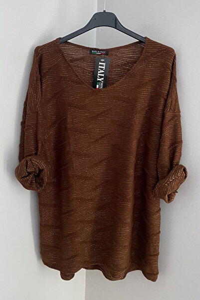 AYASOFYA OTANTIK Women's Italian Brown Round Neck Glitter Textured Long Sleev...