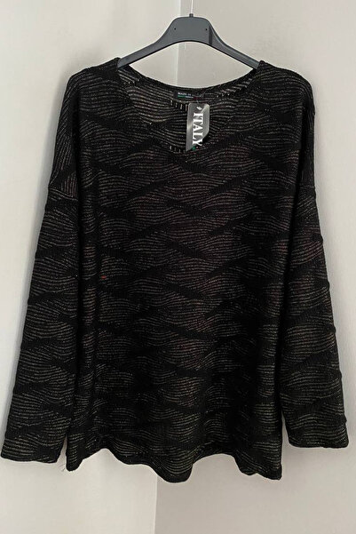 AYASOFYA OTANTIK Women's Italian Black Round Neck Glitter Textured Long Sleeve Loose Blouse Sweater