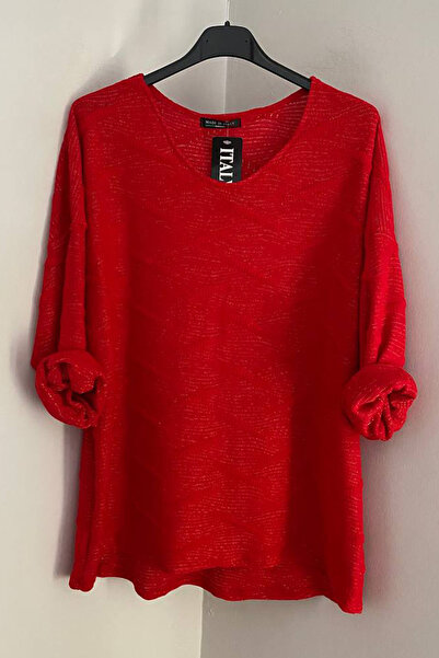 AYASOFYA OTANTIK Women's Italian Red Round Neck Glitter Textured Long Sleeve ...